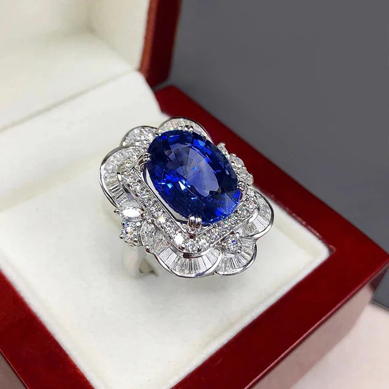 Luxury Women Rings with Oval Blue Flower Design