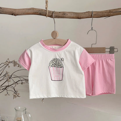 2PCS Girls Clothing Casual Cotton Popcorn Printed T-shirt