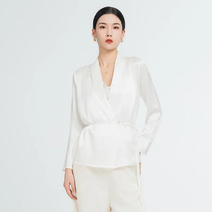 Real Silk Woman Blouses Lace-Up V-Neck