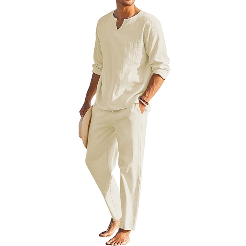 2 Pcs Men Henley Shirt Elastic Waist Drawstring Pants