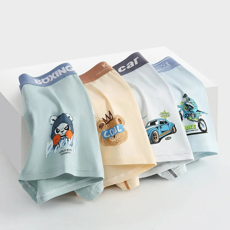 4PCS Teen Boys Cotton Antibacterial Underwear Cartoon Breathable