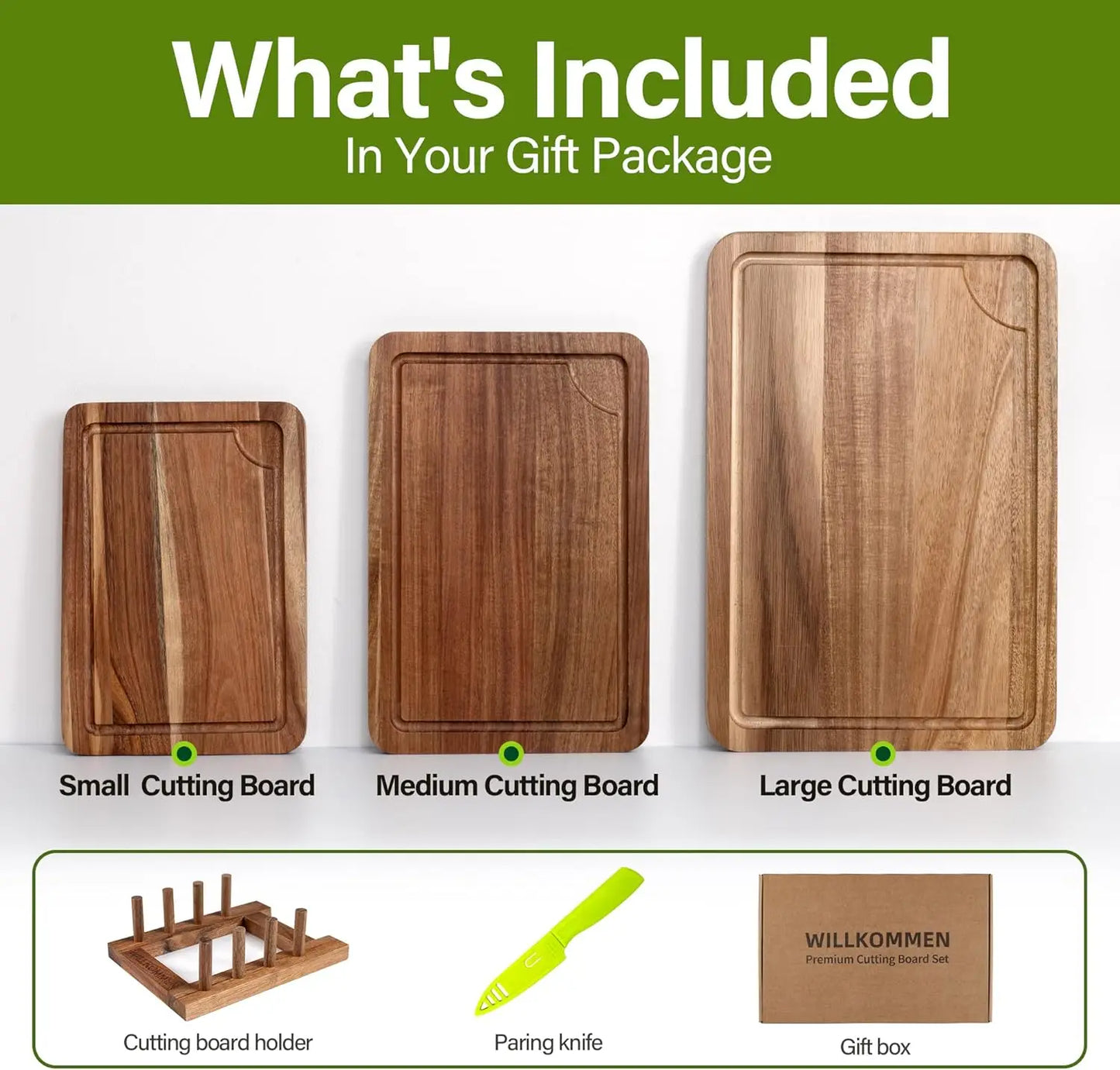 3 Pcs Acacia Wood Cutting Boards with Juice Groove