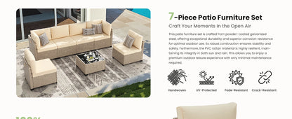 7-Piece Outdoor Rattan Sectional Sofa with Tempered Glass