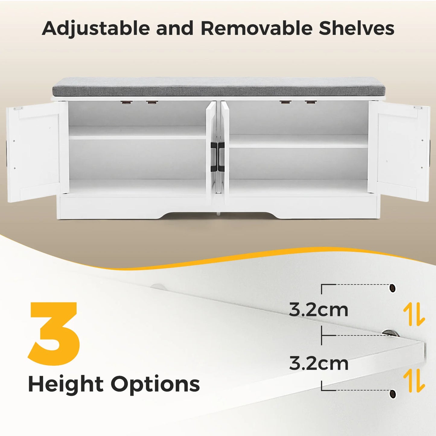 Storage Bench with Padded Seat Cushion 2 Doors