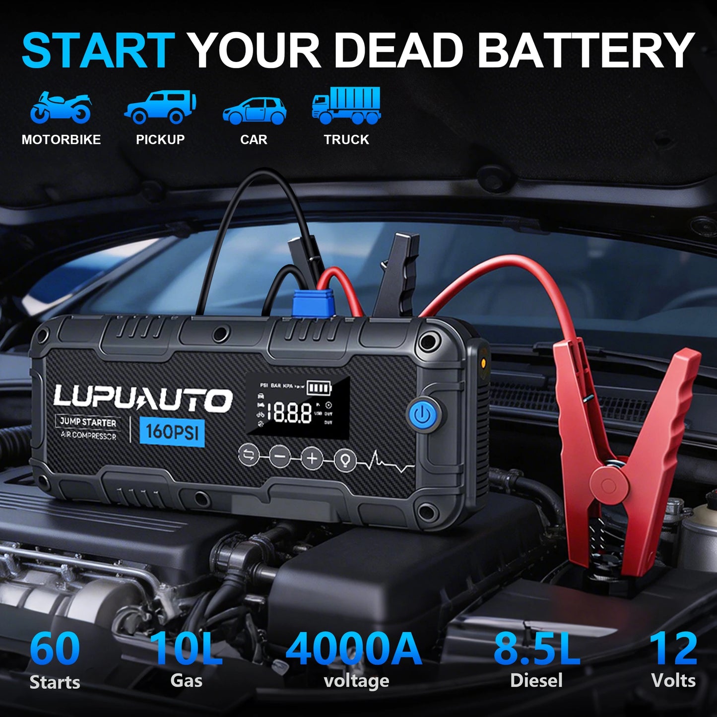 4 In 1 Car Jump Starter, Tire Inflator Pump Compressor