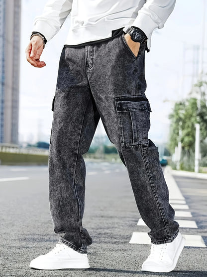 Fashionable Men's Denim Washed Workwear Jeans