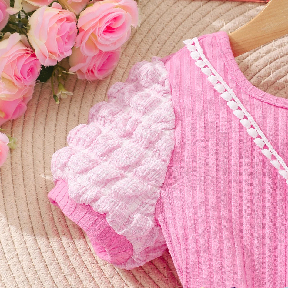 Girls Bubble Sleeve Ribbed Short Romper Set