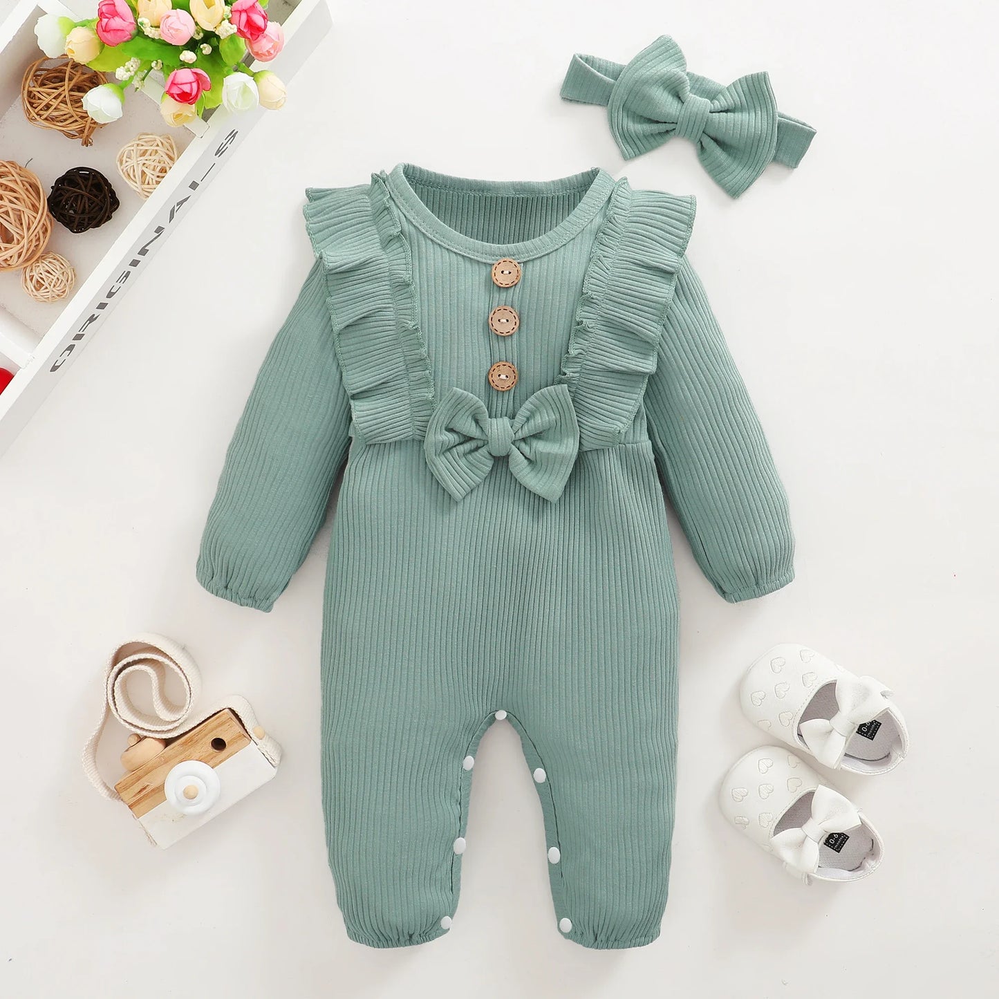 Girl Romper Long Sleeved Ruffle Bodysuit Headband