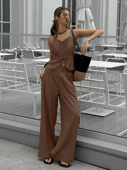 2 Pcs Office Pant Suits Solid Beige Wide Leg