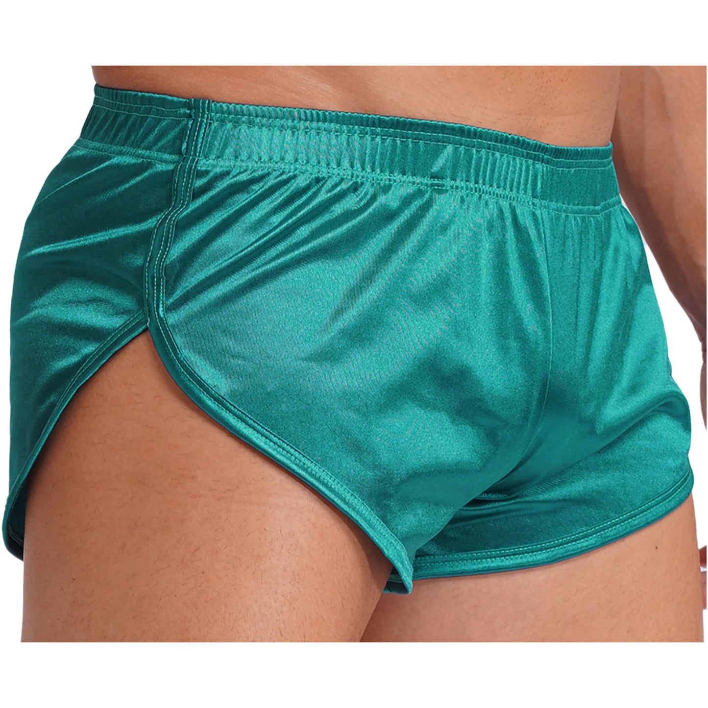 Men Side Split Satin Shorts Built-in Bulge