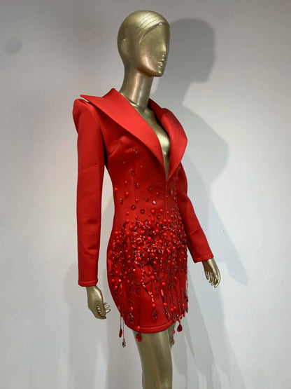 Sparkly Crystal Pearls Mini Dress Luxury Red Fashion