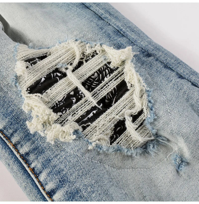 Men Paisley Bandana Print Patch Jeans Skinny