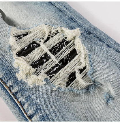 Men Paisley Bandana Print Patch Jeans Skinny