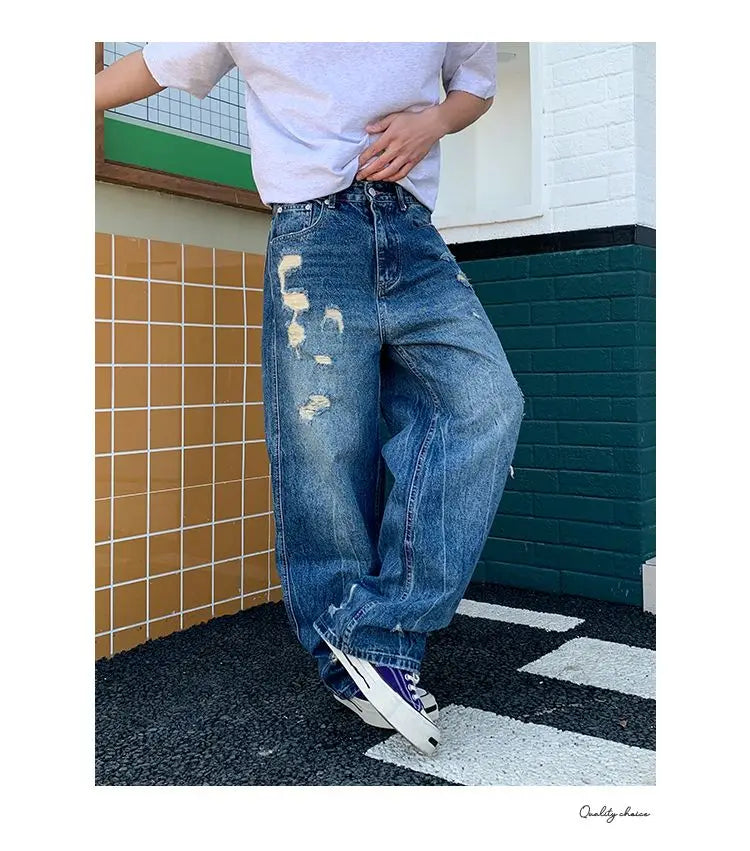 Men's Wide-Leg Jeans Retro Trendy Distressed
