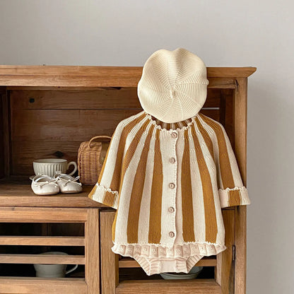 2 Pcs Baby Girls Long Sleeve Striped Cardigan Coat+ Shorts
