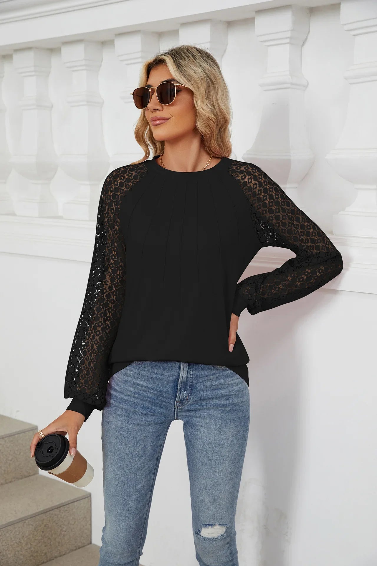 Womens Lantern Sleeve Lace Spliced Design Pullover
