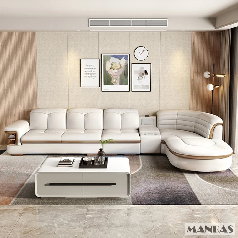Luxury L-Shaped Genuine Leather Sectional Sofa Set