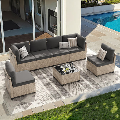 7-Piece Outdoor Rattan Sectional Sofa with Tempered Glass