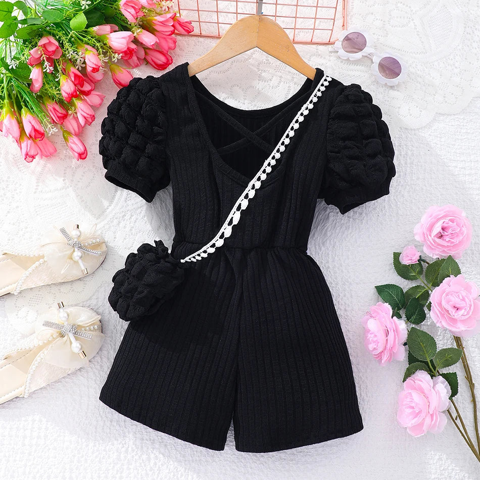 Girls Bubble Sleeve Ribbed Short Romper Set