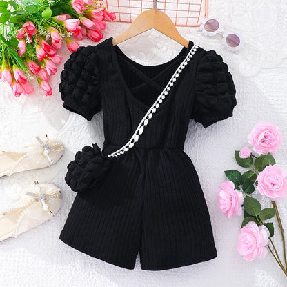 Girls Bubble Sleeve Ribbed Short Romper Set