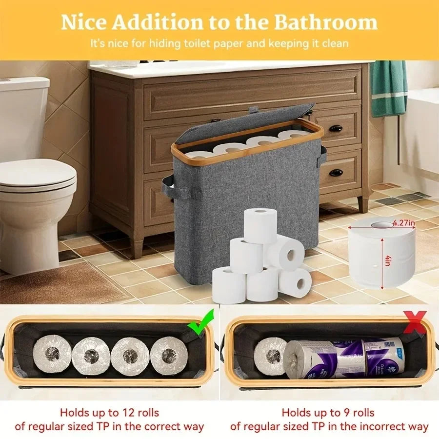 Bamboo toilet paper holder with lid organizer