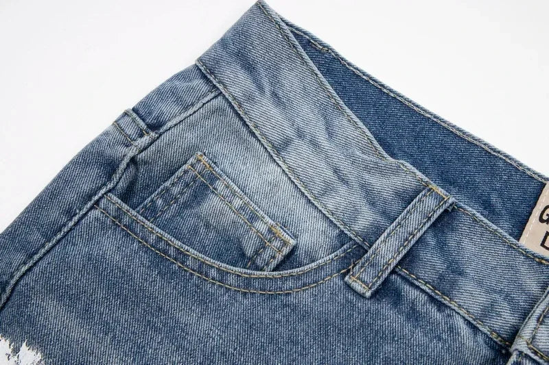 Retro Washed Spliced Denim High Brand Jeans