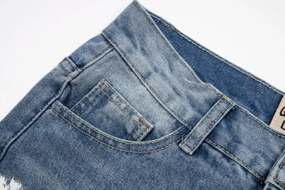 Retro Washed Spliced Denim High Brand Jeans