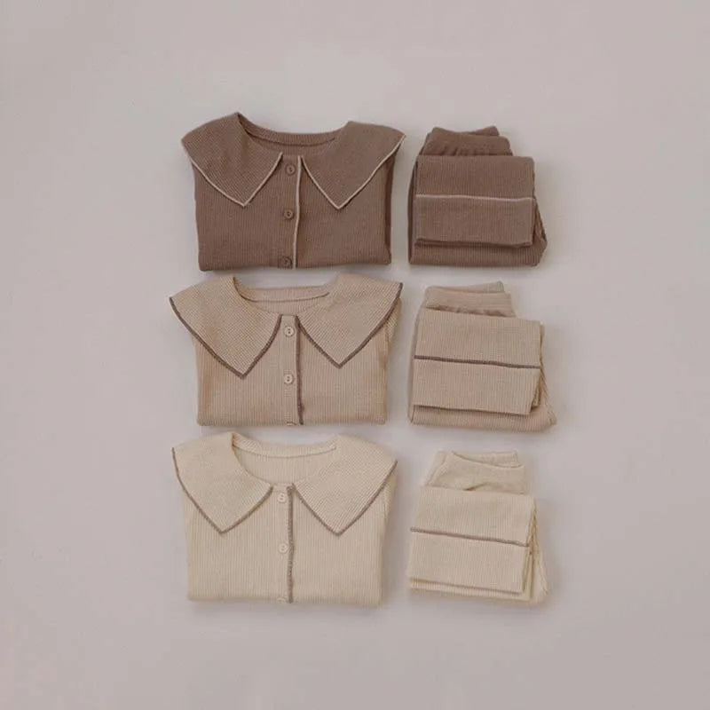 2 Pcs Waffle Baby Girls Pajamas Casual Long Sleeve