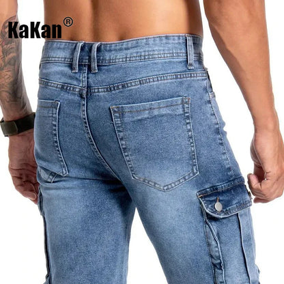 Mens Multi Pocket Micro Elastic Jeans Casual