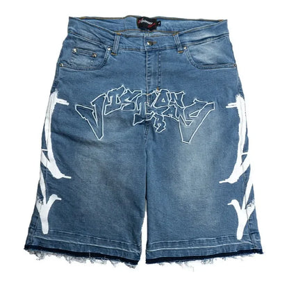 Mens Embroidery Black Jeans  Vintage Baggy Shorts