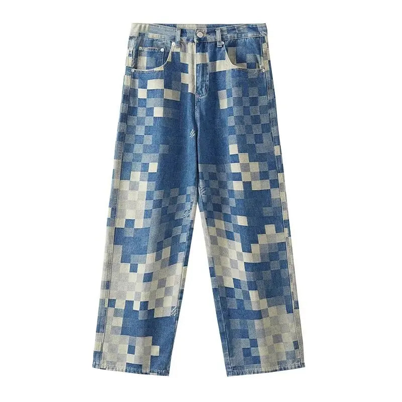 Mosaic Checkerboard Printed Jeans Men Fashion Loose