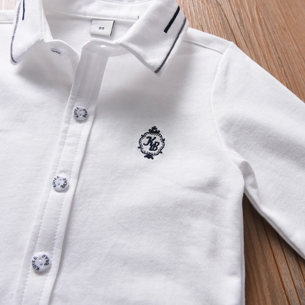 Boys' Long Sleeve White Shirt Embroidered Cotton