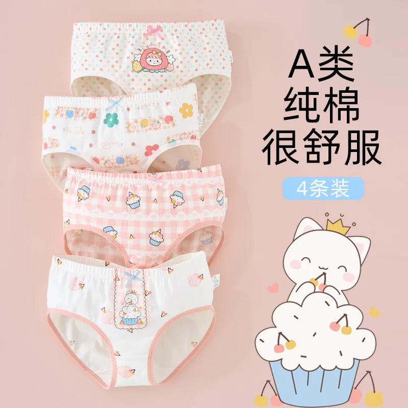 4 Pcs Girls Cotton Antibacterial Breathable Toddler Cartoon Briefs