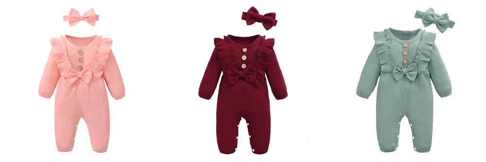 Girl Romper Long Sleeved Ruffle Bodysuit Headband
