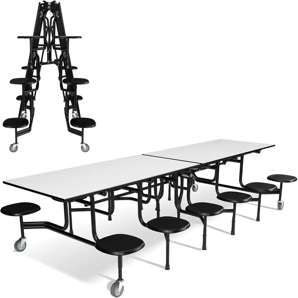 Long Casters Table with 12 Attached Stools, Commercial Quality