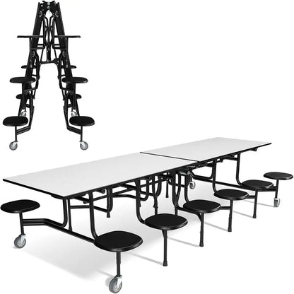 Long Casters Table with 12 Attached Stools, Commercial Quality