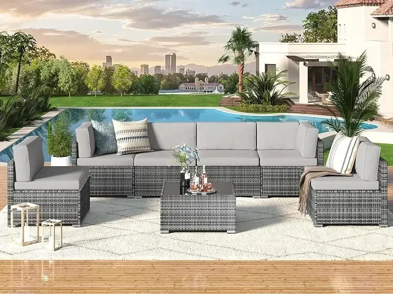 7 Piece Rattan Gray Wicker Outdoor Sectional Furniture Set