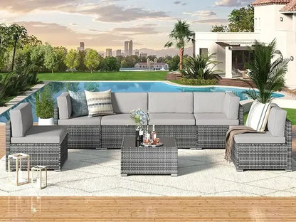 7 Piece Rattan Gray Wicker Outdoor Sectional Furniture Set