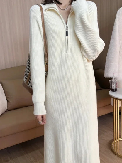 Plain Long Polo Collar Woman Knitted Dress
