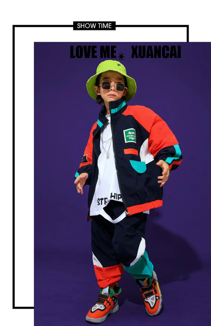 2 Pcs Boys/Girls Hip Hop Contrast Jacket Loose Pants