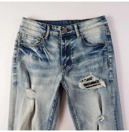 Men Paisley Bandana Print Patch Jeans Skinny