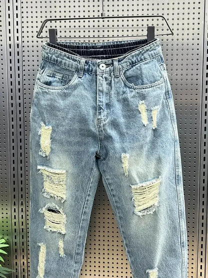 Men's Jeans Torn Broken Ripped Cowboy Pants