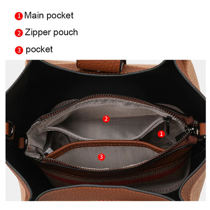 Genuine Leather Canvas Bag Plaid Pattern Women's