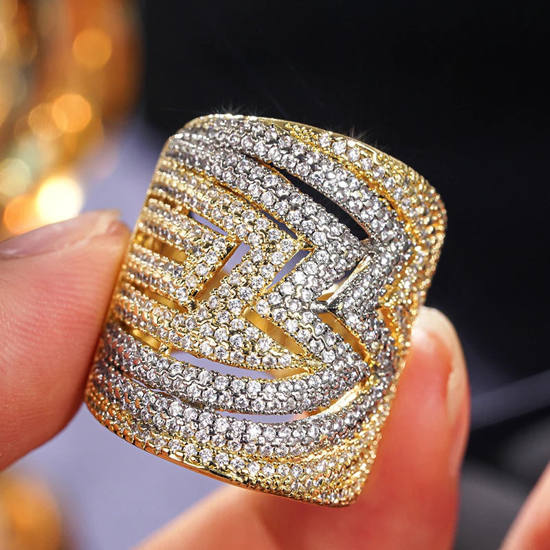 Hollow Geometric Luxury Wide Band Two Tone