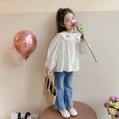 White Girl's Blouse Cotton Doll Collar Shirt