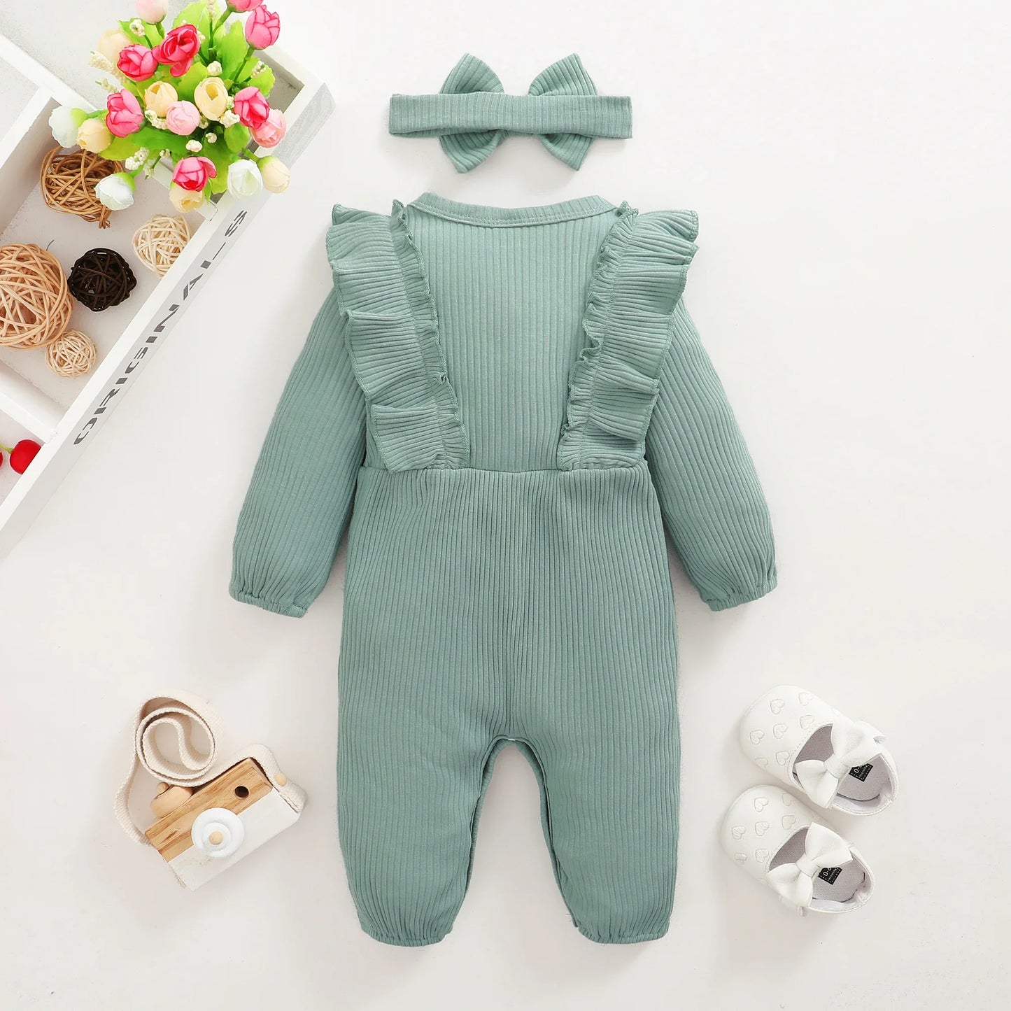 Girl Romper Long Sleeved Ruffle Bodysuit Headband