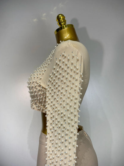 2 Pcs Women Sexy Long Sleeve Mesh Pearl Top