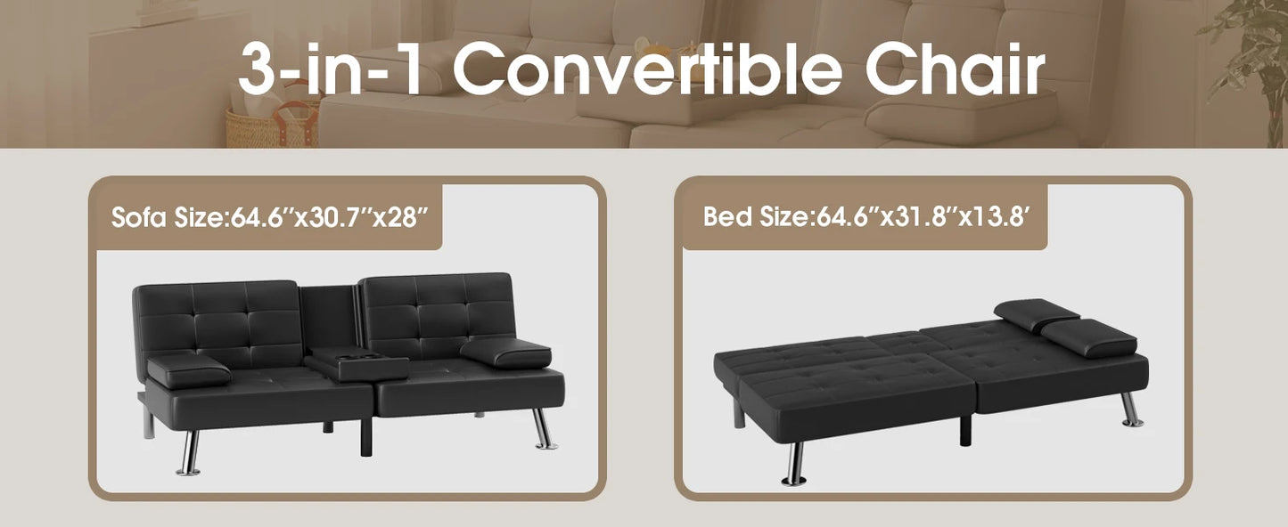 Leather Futon Couch with Removable Armrests