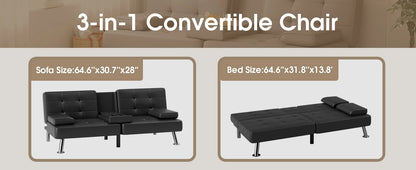 Leather Futon Couch with Removable Armrests