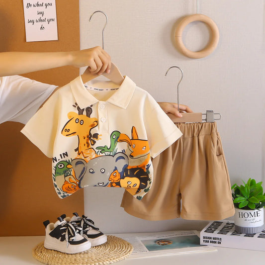 2 Pcs Toddler Boys Cartoon Animal Printed Short Sleeve